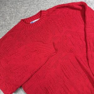 Sweater Mens Large Red 100% Cotton Chunky Knit Crewneck Pullover Made In USA